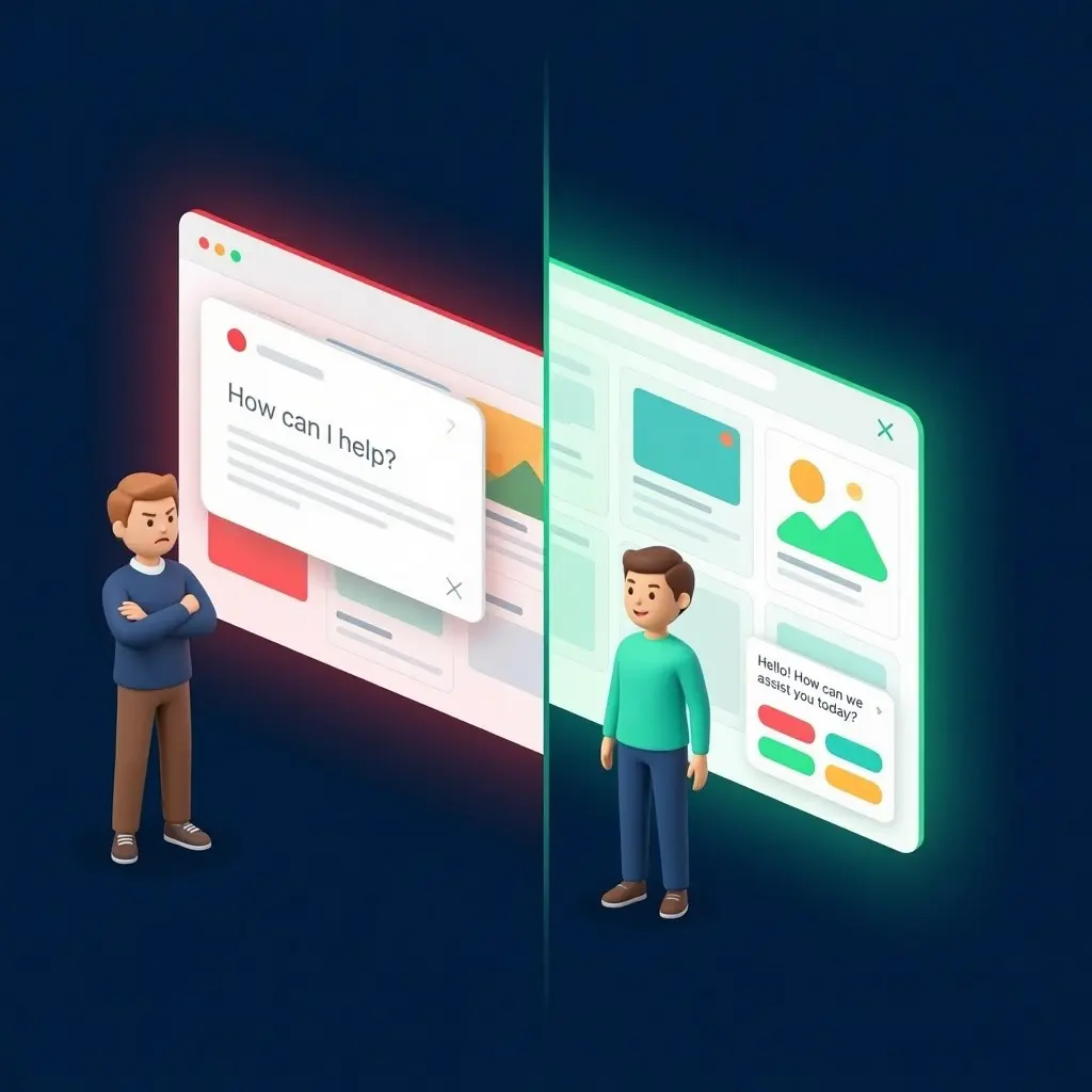 Annoying chatbot covering website content versus helpful chatbot with personalized options and clean design