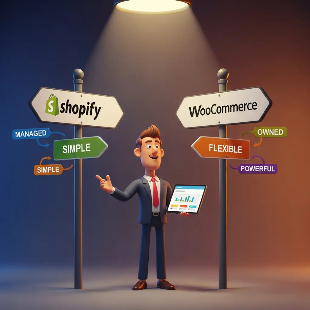 ecision flowchart helping business owners choose between Shopify and WooCommerce based on needs