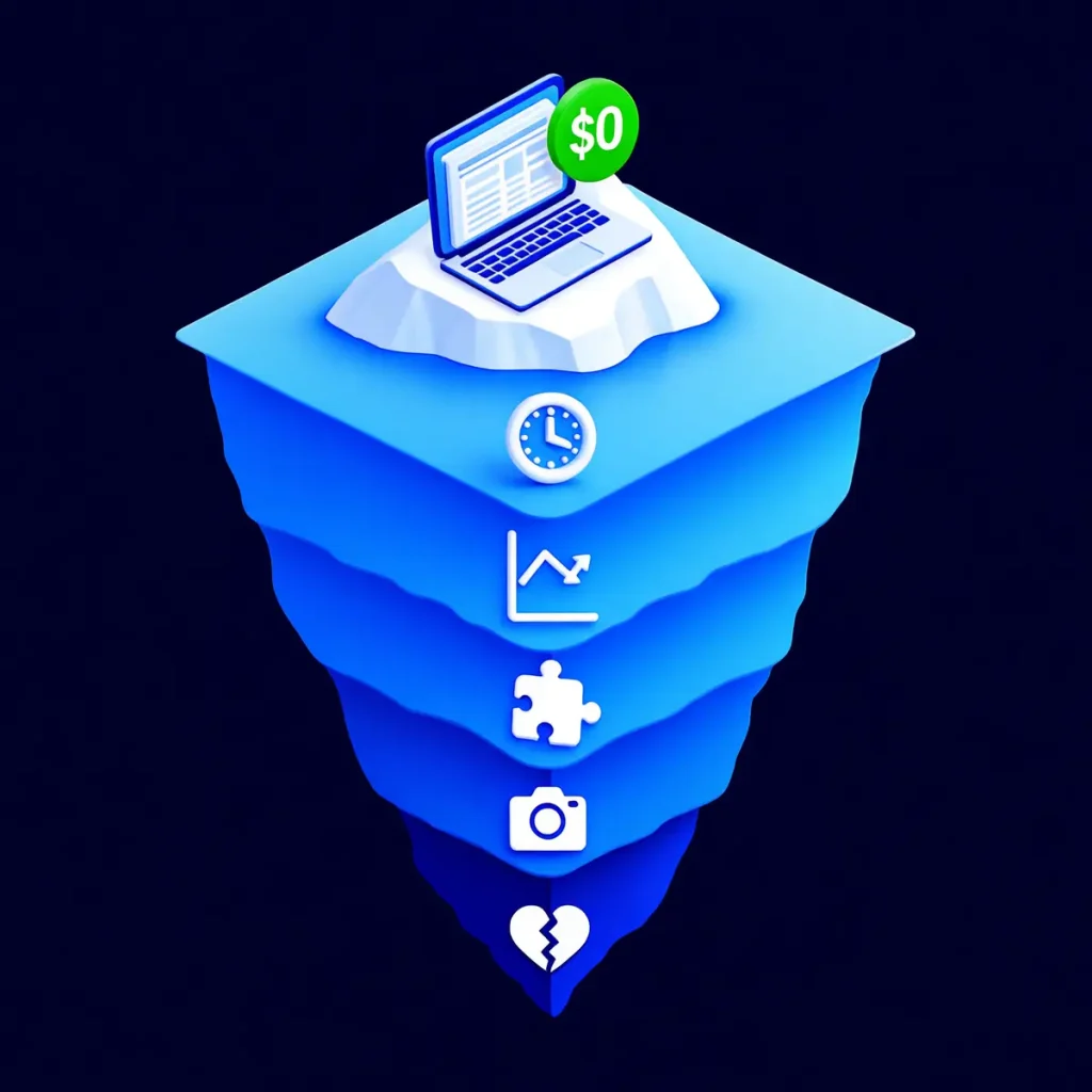 DIY website hidden costs iceberg showing time investment and lost revenue below the free surface