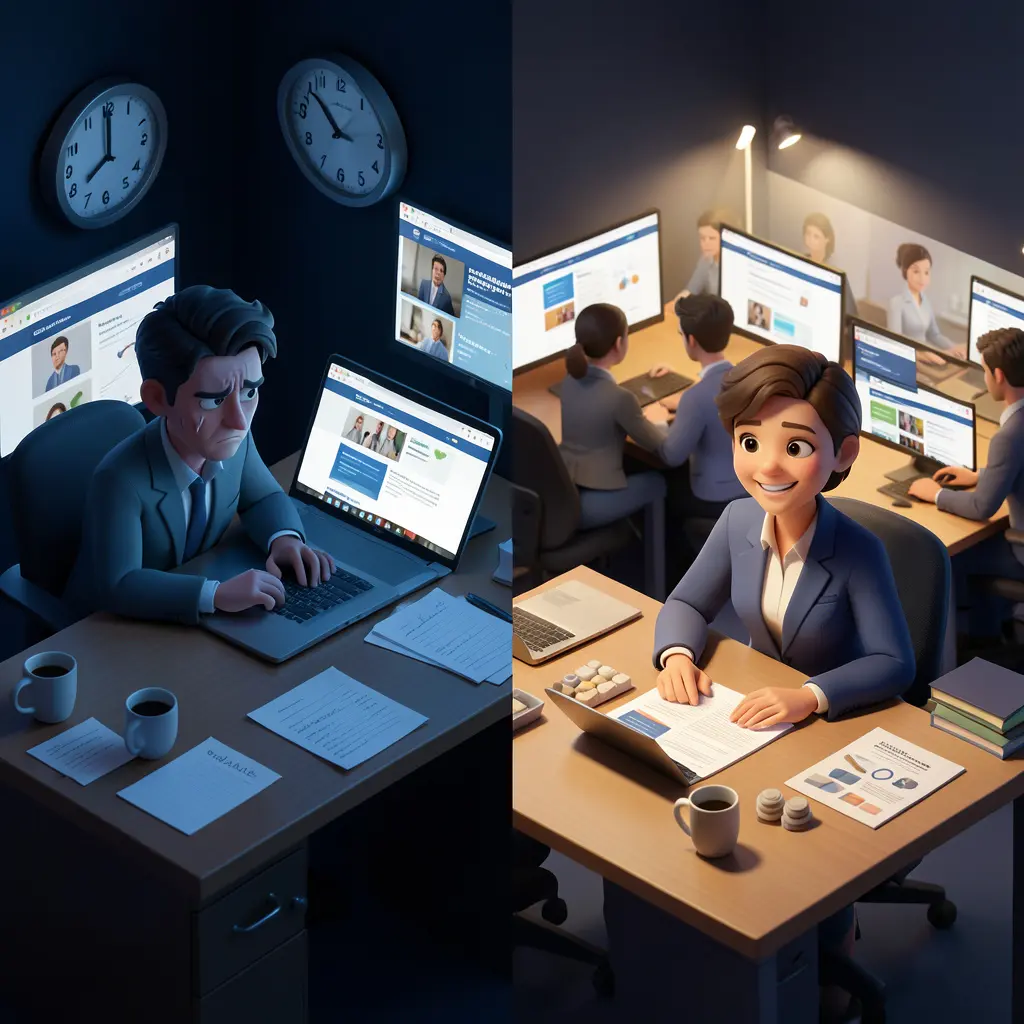 DIY website builder struggling alone versus business owner relaxed while professional team builds site