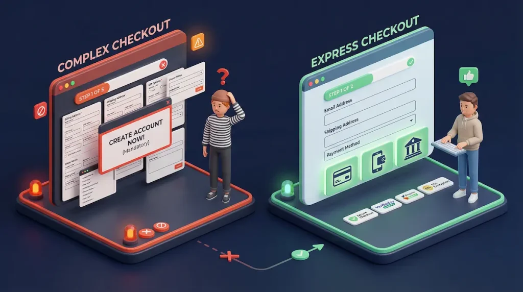 Cluttered 5-step checkout versus streamlined 2-step checkout showing ecommerce design best practices
