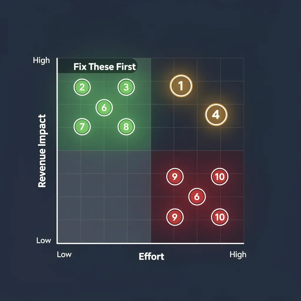 Ecommerce conversion fix priority matrix plotting 10 design mistakes by revenue impact versus effort