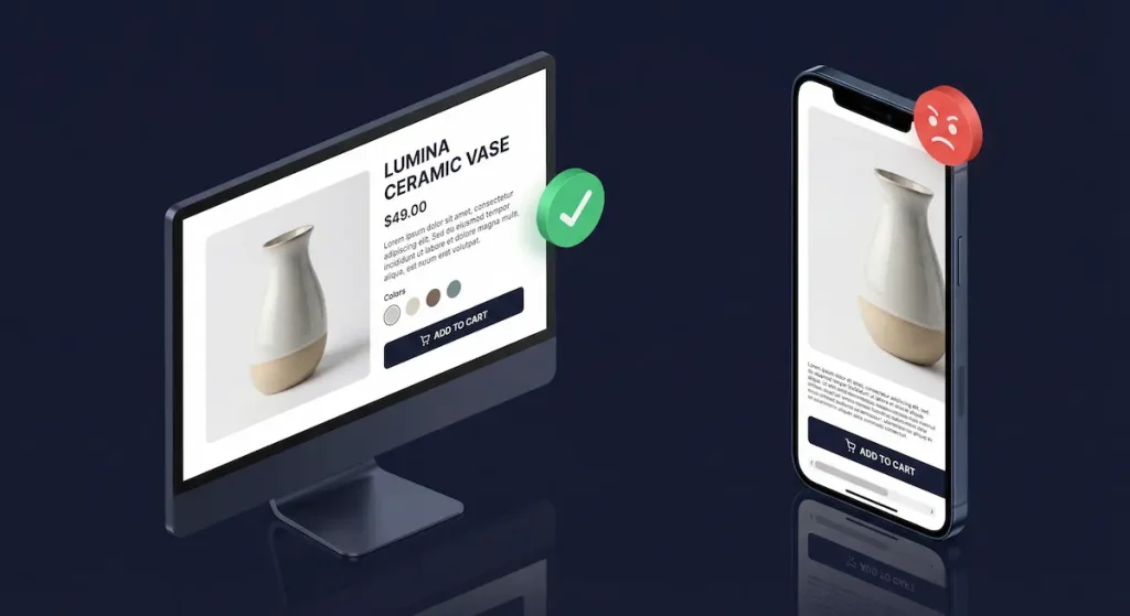 Desktop versus mobile ecommerce design showing how desktop-first approach breaks on mobile devices