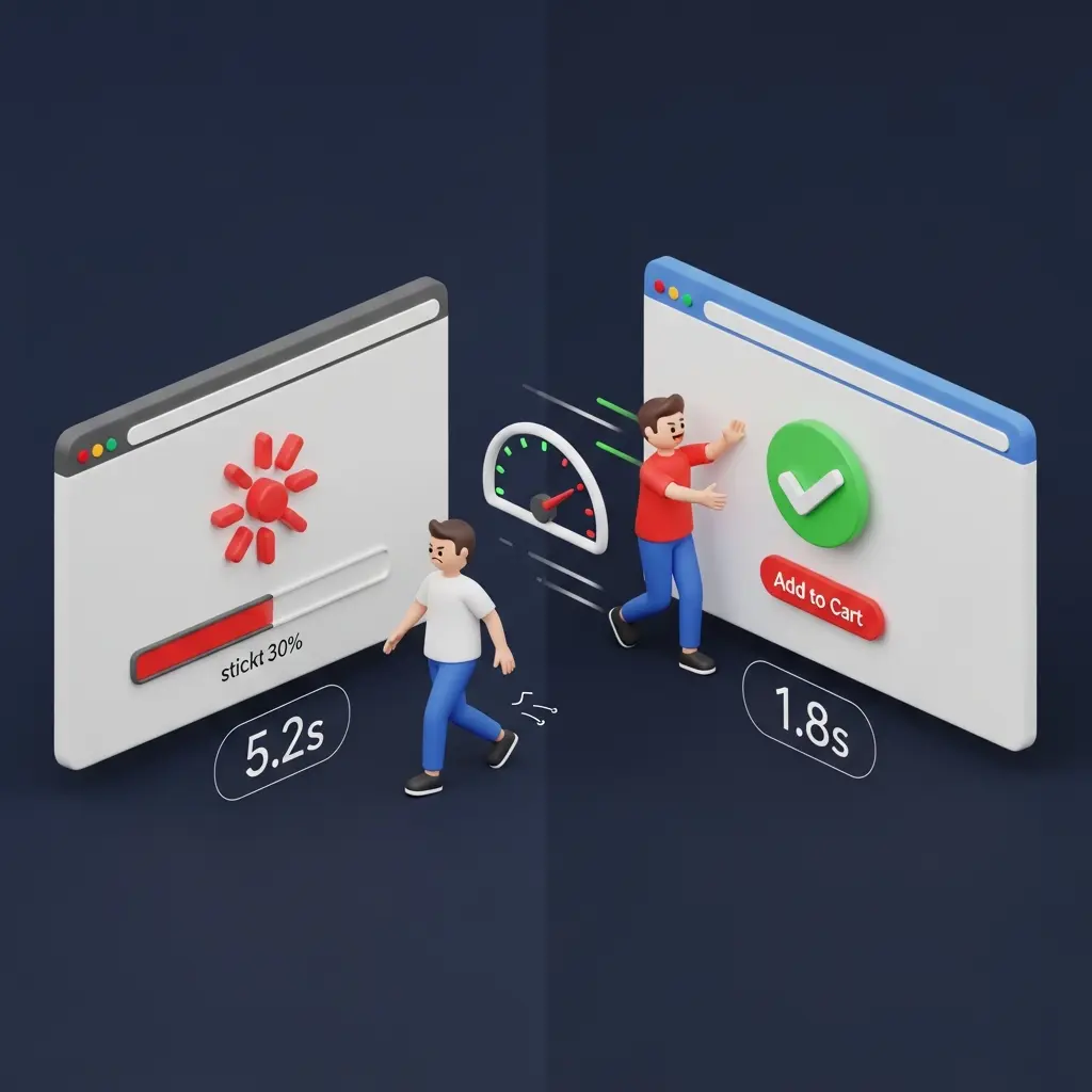 Site speed comparison showing 5-second load losing customers versus 2-second load converting shoppers