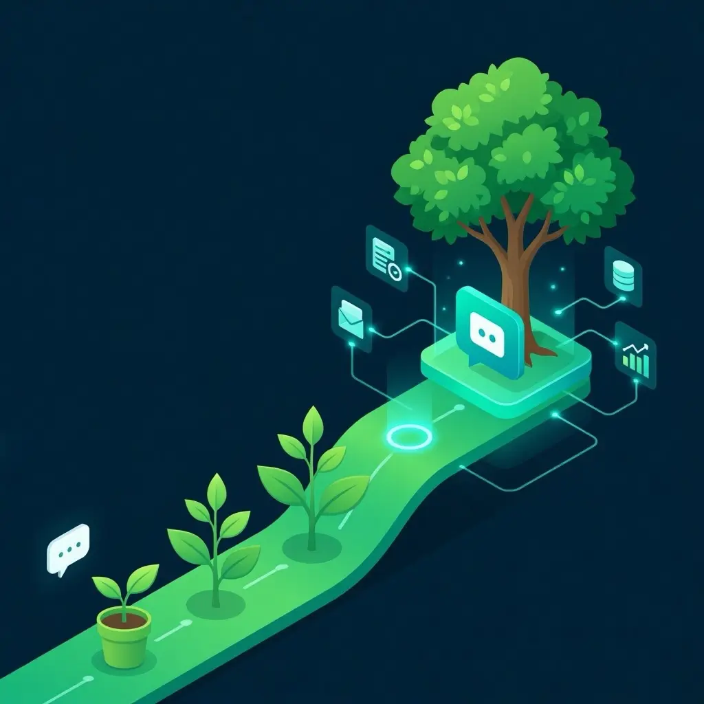 Growth path from free WordPress chatbot to custom AI solution showing business scaling transition
