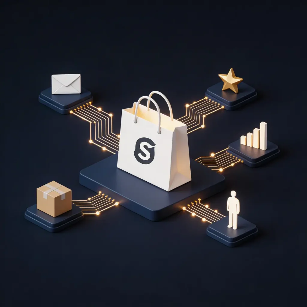 n8n Shopify automation workflows hub showing five connected workflows for ecommerce store management