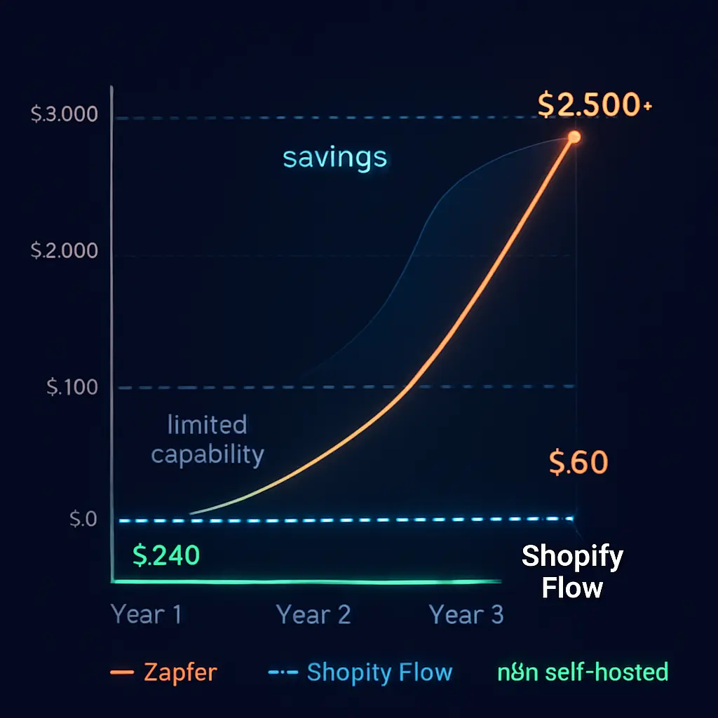 Three-year cost comparison chart showing n8n free versus Zapier escalating costs for Shopify automation