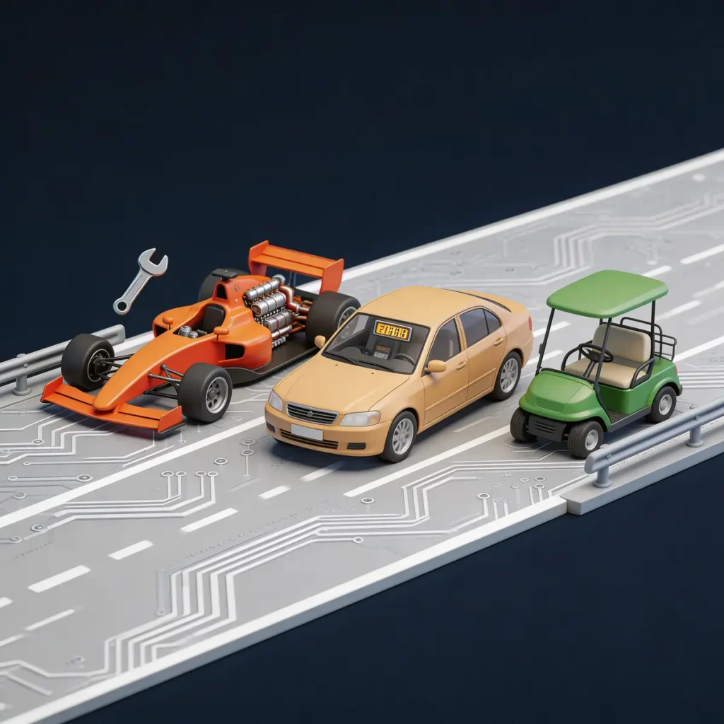 n8n vs Zapier vs Shopify Flow comparison as three vehicles showing automation power and cost differences