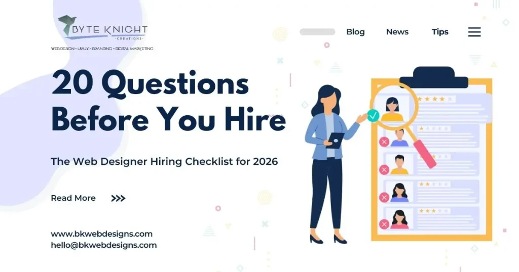 Business owner interviewing web designer with checklist of questions to ask before hiring