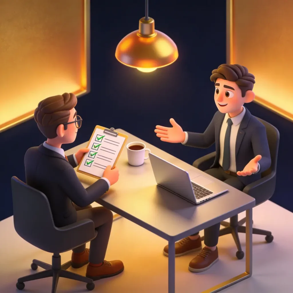 Business owner interviewing web designer with checklist of questions to ask before hiring