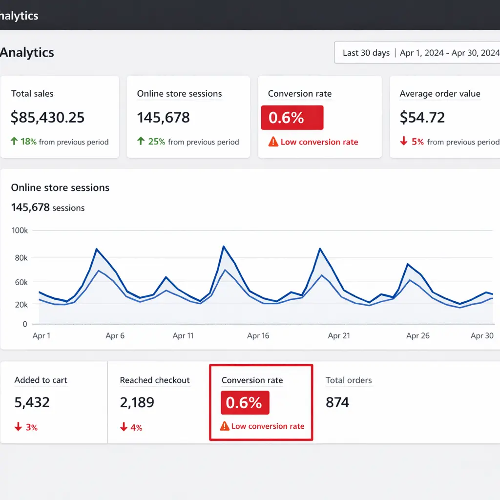 Shopify analytics dashboard showing high traffic volume with a low 0.6% conversion rate highlighted in red