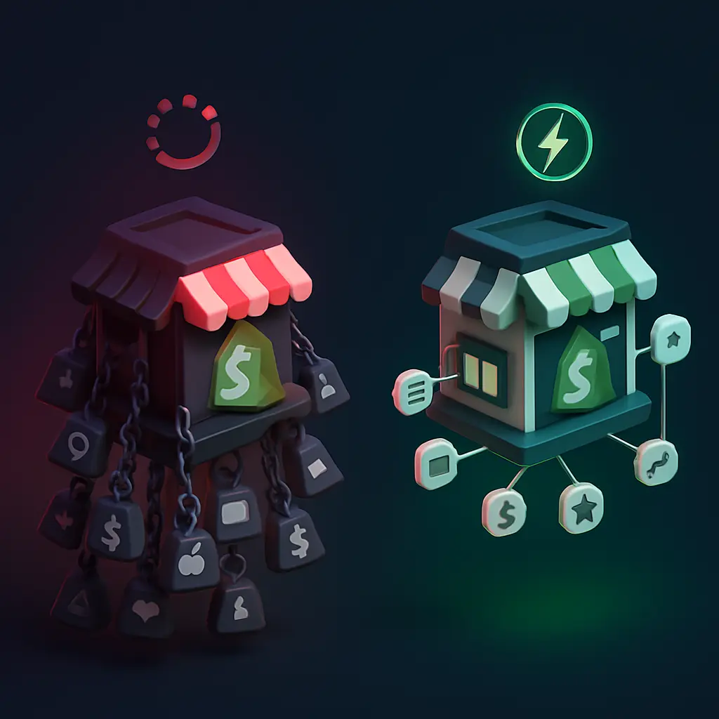 Shopify store weighed down by too many apps versus same store running fast after app audit and removal