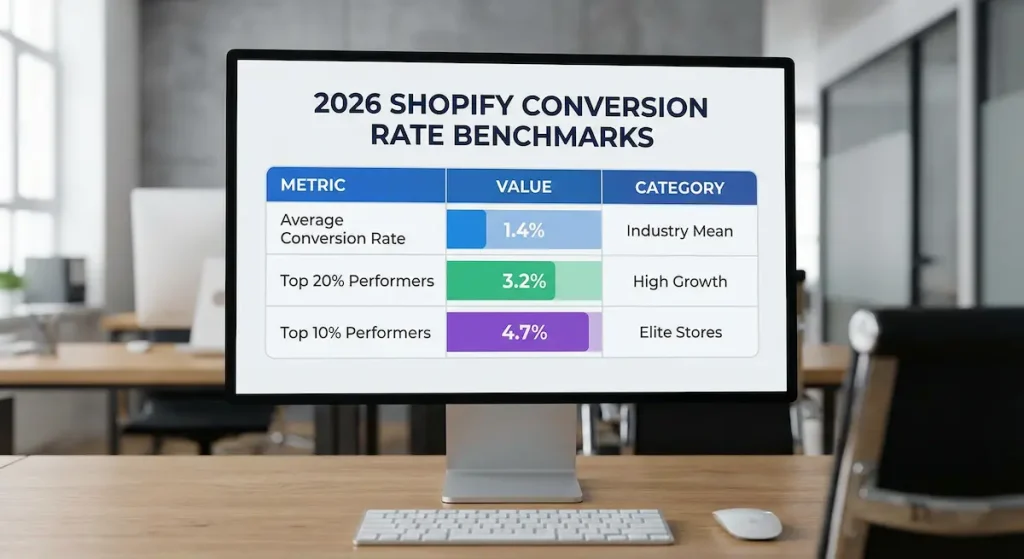 2026 Shopify conversion rate benchmarks table showing 1.4% average, 3.2% top 20%, and 4.7% top 10%