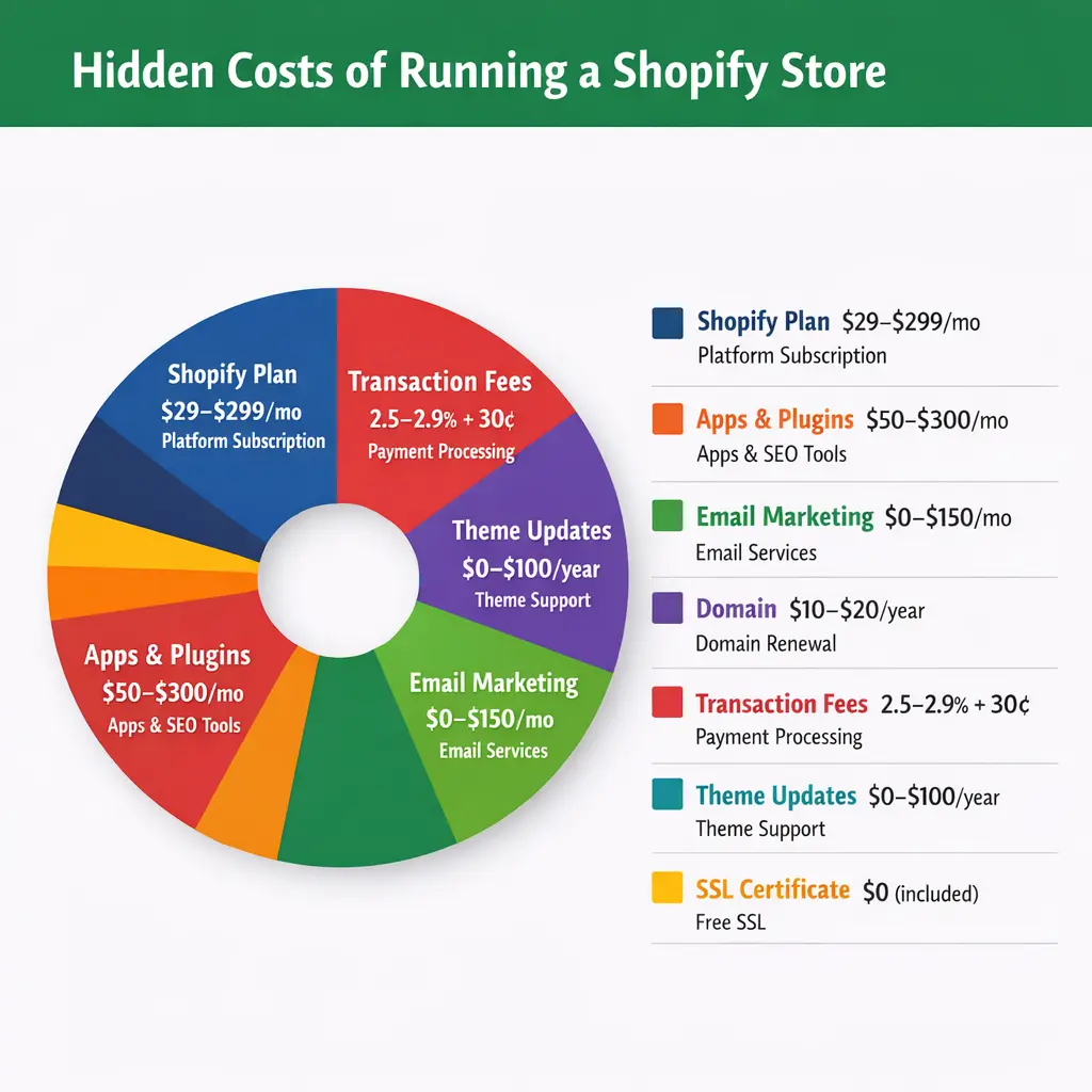 Shopify hidden monthly costs breakdown including apps, transaction fees, email marketing, and domain renewal