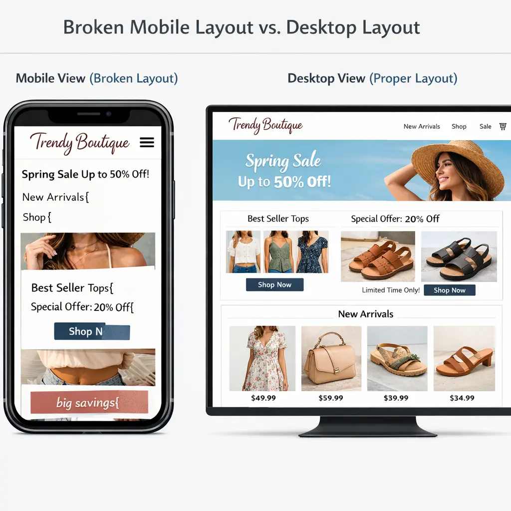 Side-by-side comparison of Shopify store mobile and desktop UX showing broken layout on mobile device
