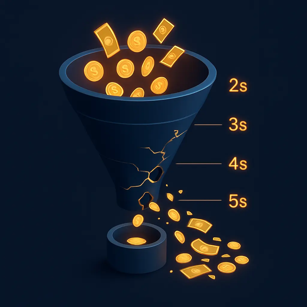 Shopify speed revenue leak funnel showing more sales lost as page load time increases from 2 to 5 seconds