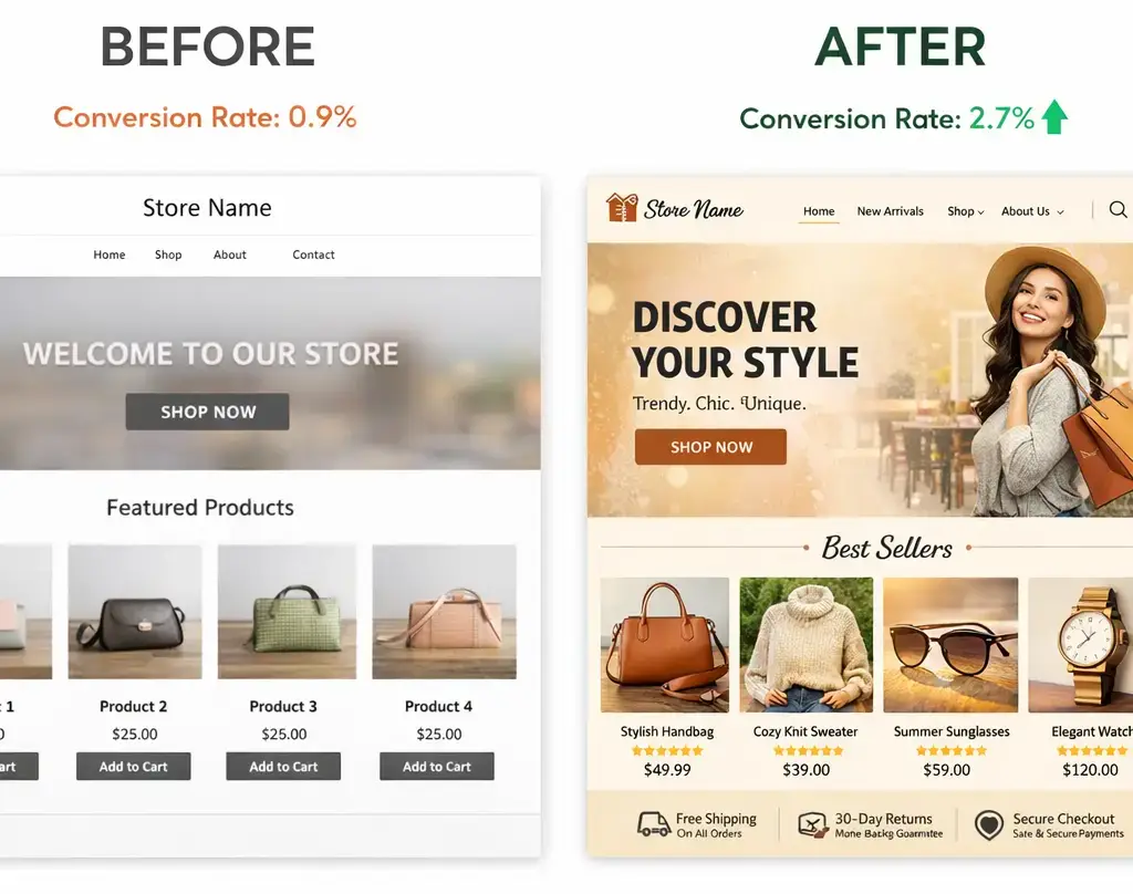 Before and after Shopify store custom redesign showing conversion rate improvement from 0.9% to 2.7%