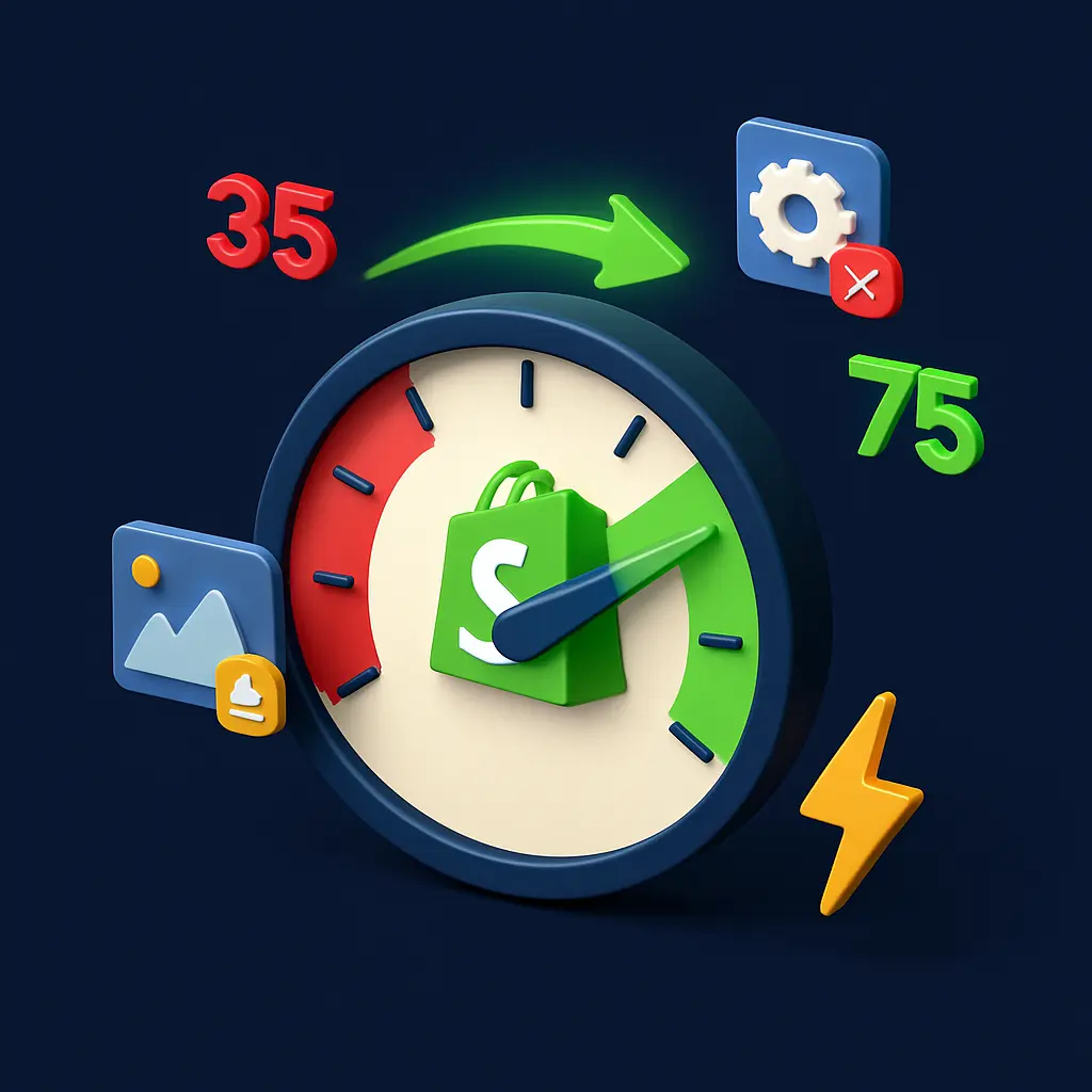 Shopify store speed gauge showing improvement from slow red zone to optimized green zone performance