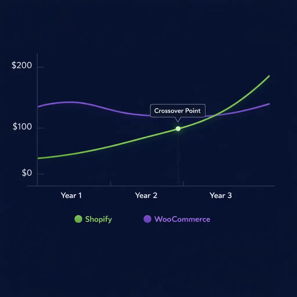 Shopify vs WooCommerce cost trajectory over 3 years showing where ongoing expenses cross