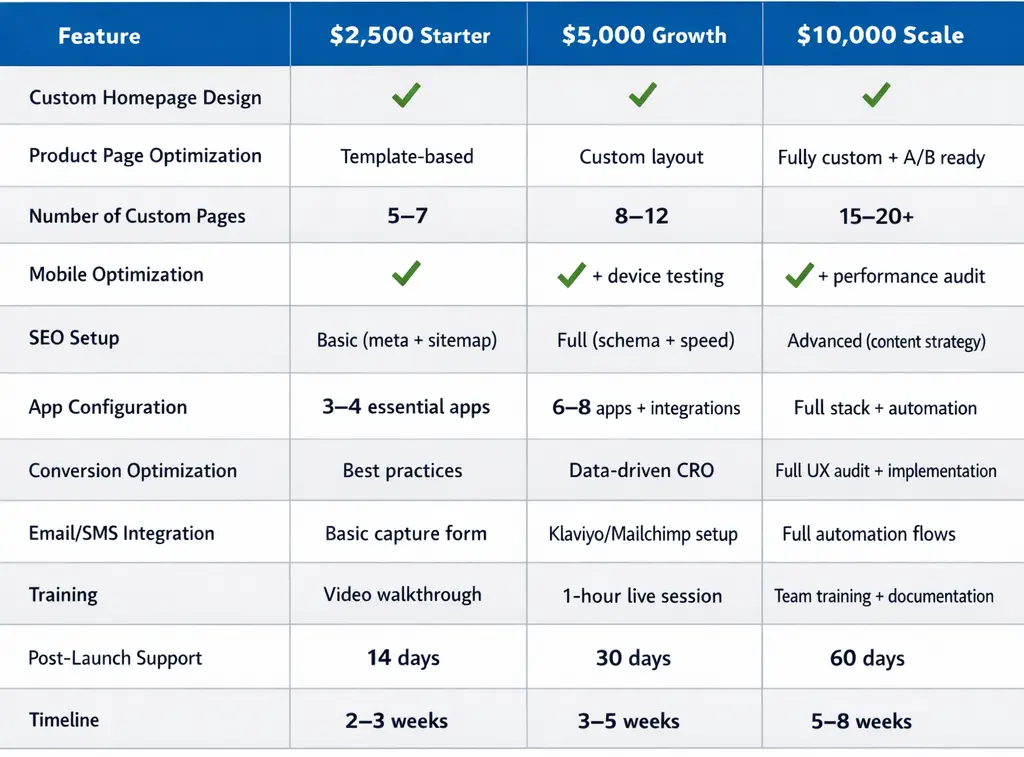 Shopify website design cost comparison table showing DIY, freelancer, agency, and enterprise pricing tiers