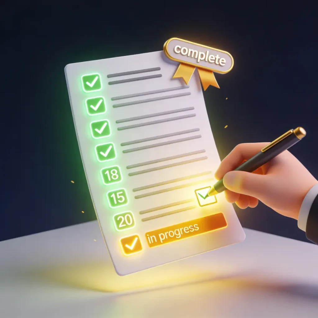 Completed 20-question web designer hiring checklist with green checkmarks showing thorough vetting