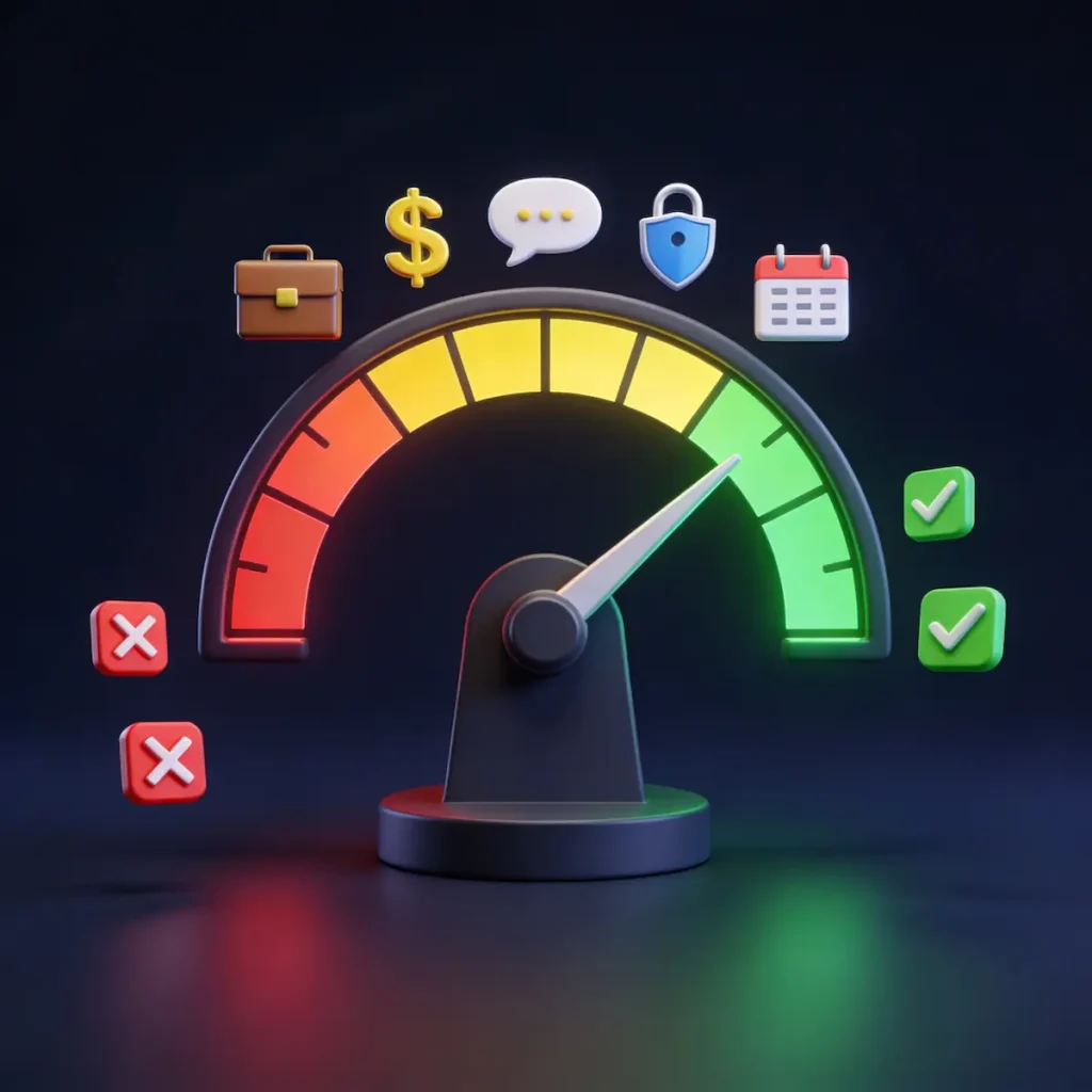 Trust meter gauge showing green flags and red flags when evaluating a web designer before hiring