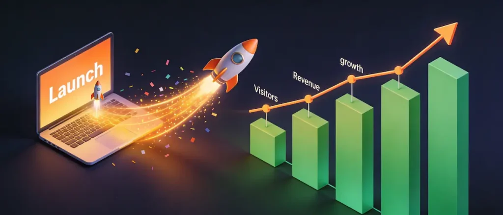 Website launch day rocket transitioning into ongoing business growth metrics chart