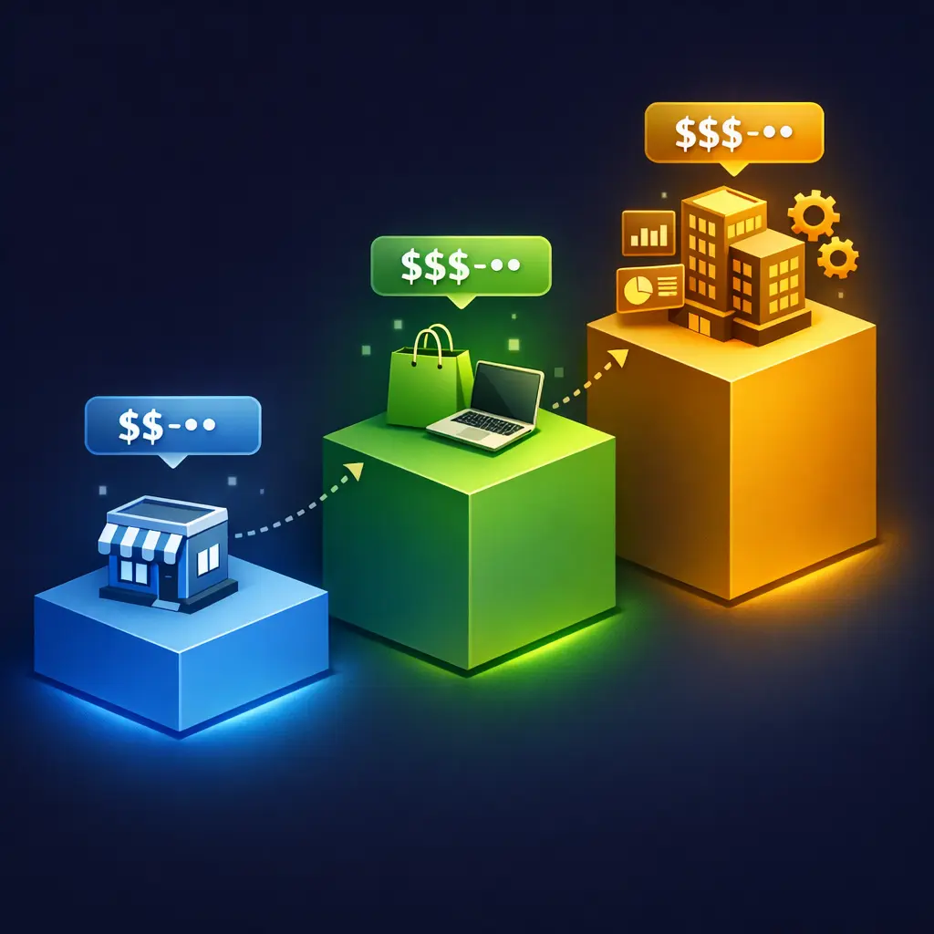 Three website redesign budget tiers from small business to enterprise showing ascending cost levels