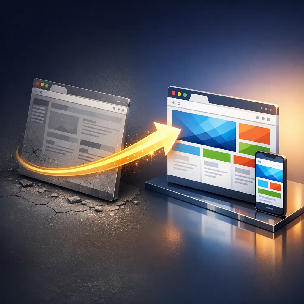 Website redesign transformation showing outdated site becoming modern professional design in 2026