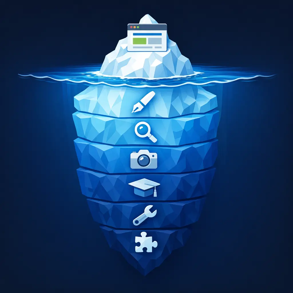 Website redesign cost iceberg showing hidden expenses below the surface including SEO and maintenance