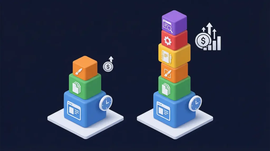 Website redesign cost factors visualized as stacking blocks showing how complexity drives price higher