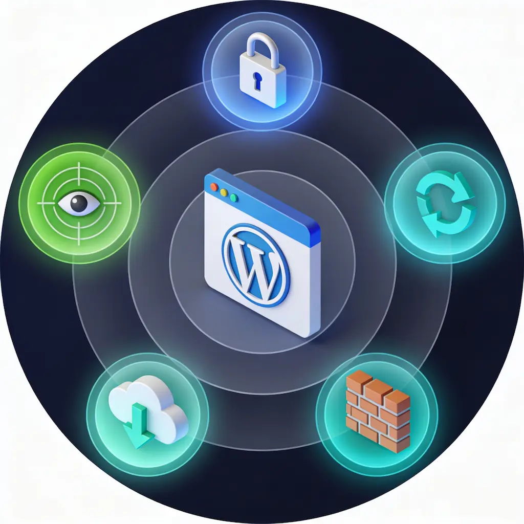 Five layers of WordPress security protection including firewall backups monitoring and updates