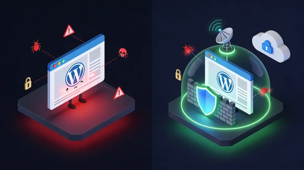 Unprotected versus protected WordPress site comparison showing security measures preventing hack attacks